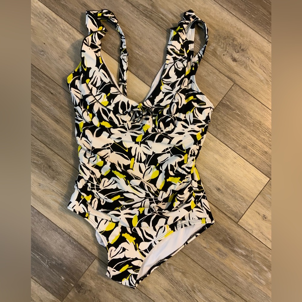 DKNY Black and Yellow Leaf Print Ladies One Piece. Size L